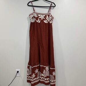 Rachel Zoe Women's Brown Dots Palm Print 55% Linen Maxi Dress Side Pockets Sz L